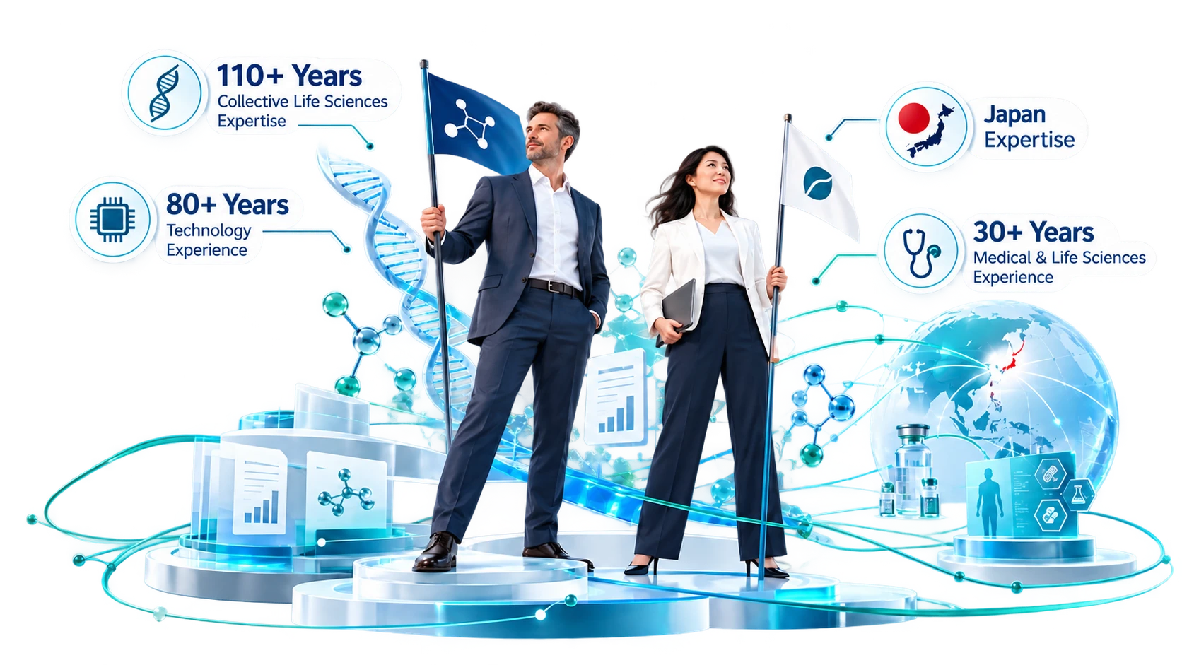 Illustration representing Liorta’s Life Sciences, technology, medical and Japan expertise.